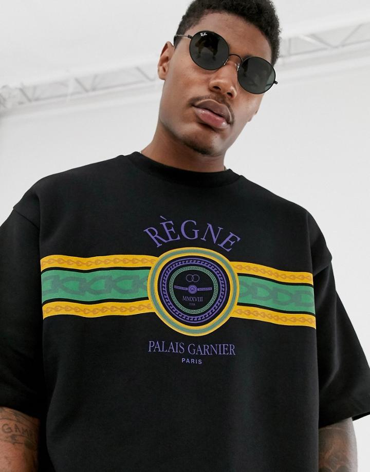 Asos Design Oversized Short Sleeve Sweatshirt With Chest Print In Black