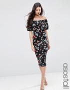 Asos Tall Ruffle Off Shoulder Dress In Rose Print - Multi