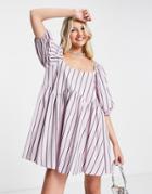 Asos Design Cotton Jumbo Scallop Puff Sleeve Smock Dress In Stripe-pink