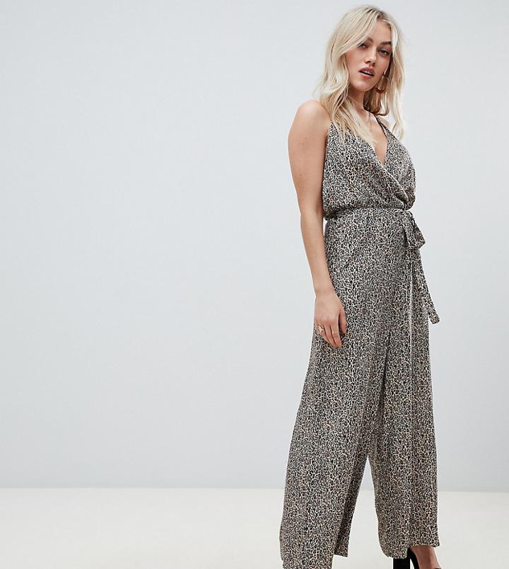 Asos Design Petite Leopard Strappy Jumpsuit - Multi
