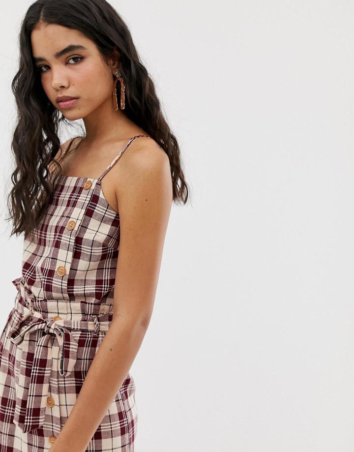 Miss Selfridge Linen Cami Top With Button Detail In Check - Red