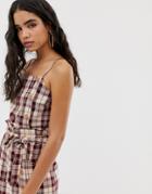 Miss Selfridge Linen Cami Top With Button Detail In Check - Red
