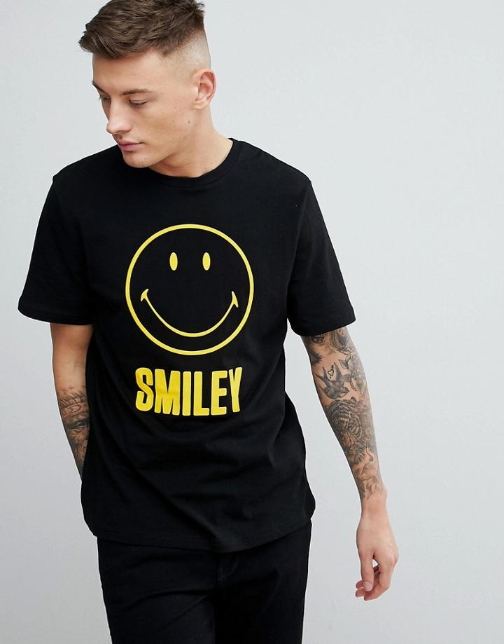 Pull & Bear Smiley Face Slogan Crew Neck T-shirt In Black - Black