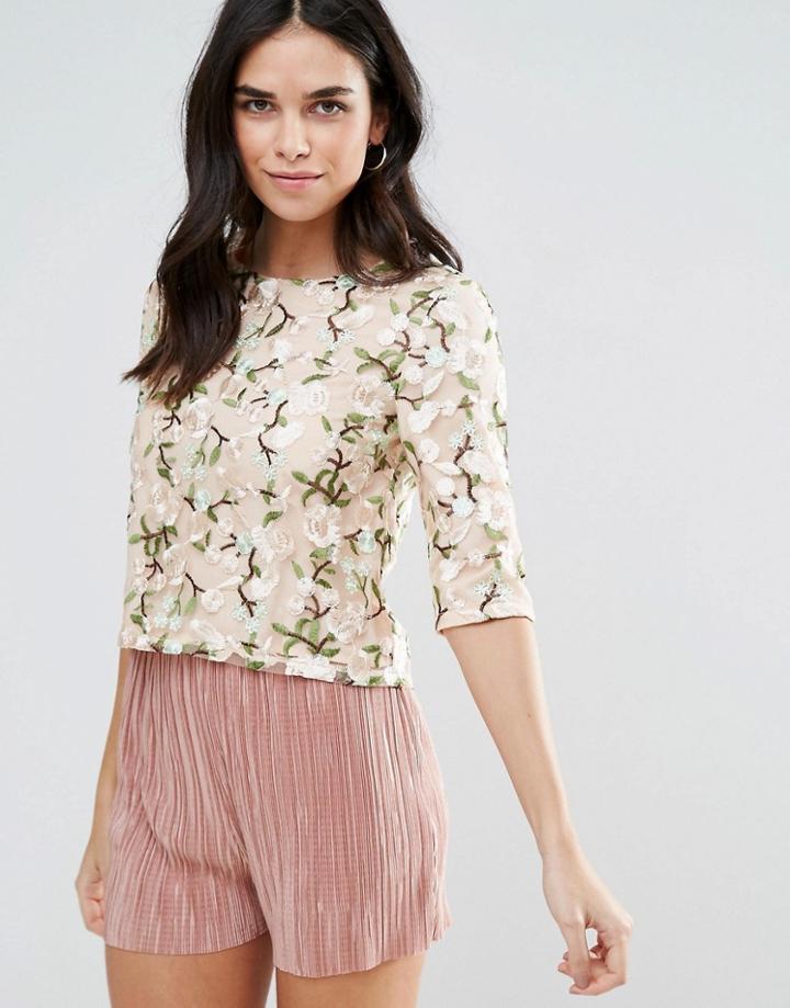 Liquorish Lace Embroidered Crop Top - Pink
