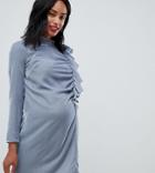 Asos Maternity Ruffle Front Column Mini Dress In Velvet - Blue