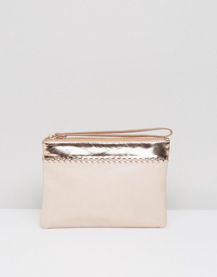 Miss Kg Tally Nude And Rose Gold Cross Stitch Clutch With Wristlet - Cream