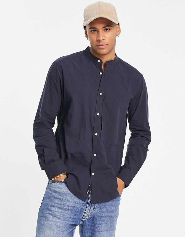 Only & Sons Grandad Collar Shirt With Pocket In Navy