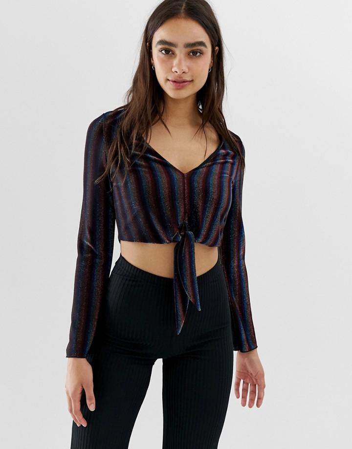 Miss Selfridge Tie Front Stripe Top In Rainbow - Silver