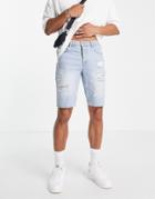 Asos Design Stretch Slim Denim Shorts With Rips In Light Wash Blue