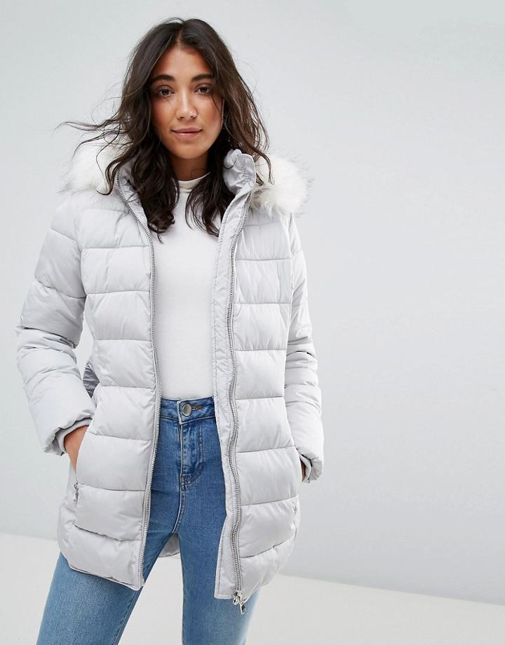 Miss Selfridge Longline Faux Fur Collar Padded Jacket With Belt - Gray
