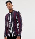 Asos Design Tall Skinny Stripe Shirt In Navy & Burgundy
