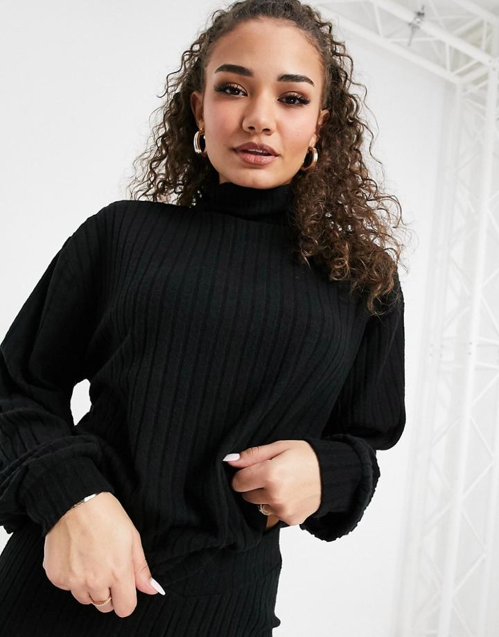 Loungeable Mix & Match Soft Knit Rib Oversized High Neck Sweater In Black