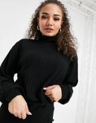 Loungeable Mix & Match Soft Knit Rib Oversized High Neck Sweater In Black