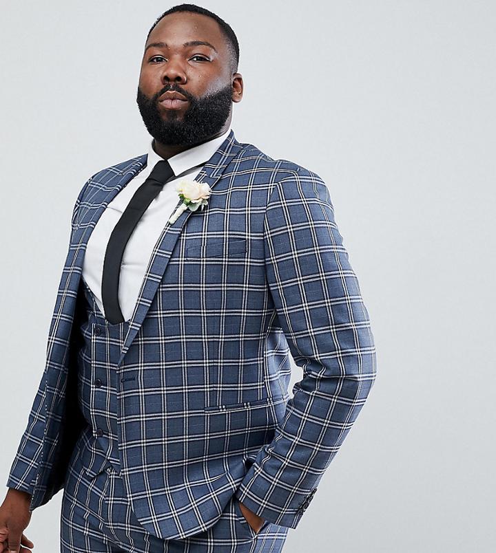 Asos Design Plus Wedding Skinny Suit Jacket In Blue And White Check - Blue