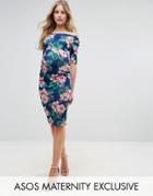 Asos Maternity Bardot Dress With Half Sleeve In Palm Print Floral - Navy