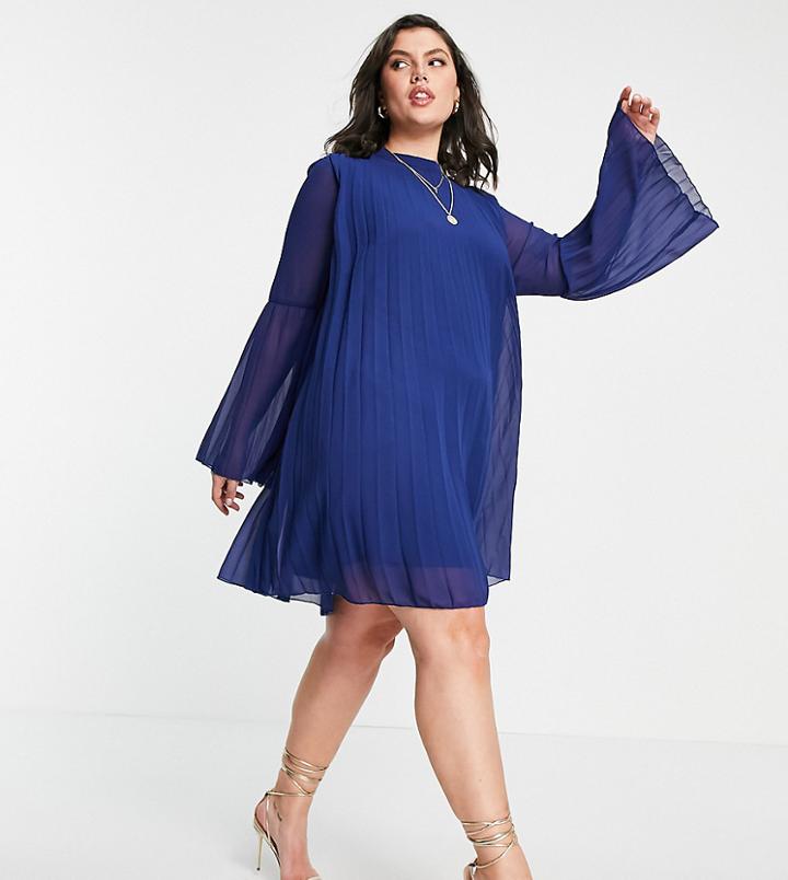 Asos Design Curve Pleated Trapeze Mini Dress With Fluted Sleeve In Navy