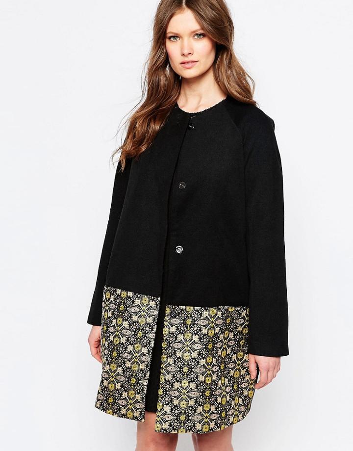 Traffic People Great Divide Coat With Jacquard Hem - Black
