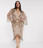 Asos Design Curve Kimono Midi Dress With Delicate Beaded Embellishment-brown