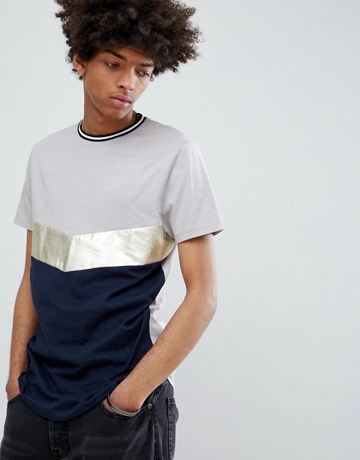 Asos Design T-shirt With Chevron Metallic Cut And Sew - Navy