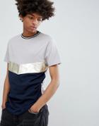 Asos Design T-shirt With Chevron Metallic Cut And Sew - Navy