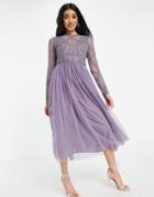 Asos Design Embellished Bodice Midi Dress With Tulle Skirt In Purple-multi