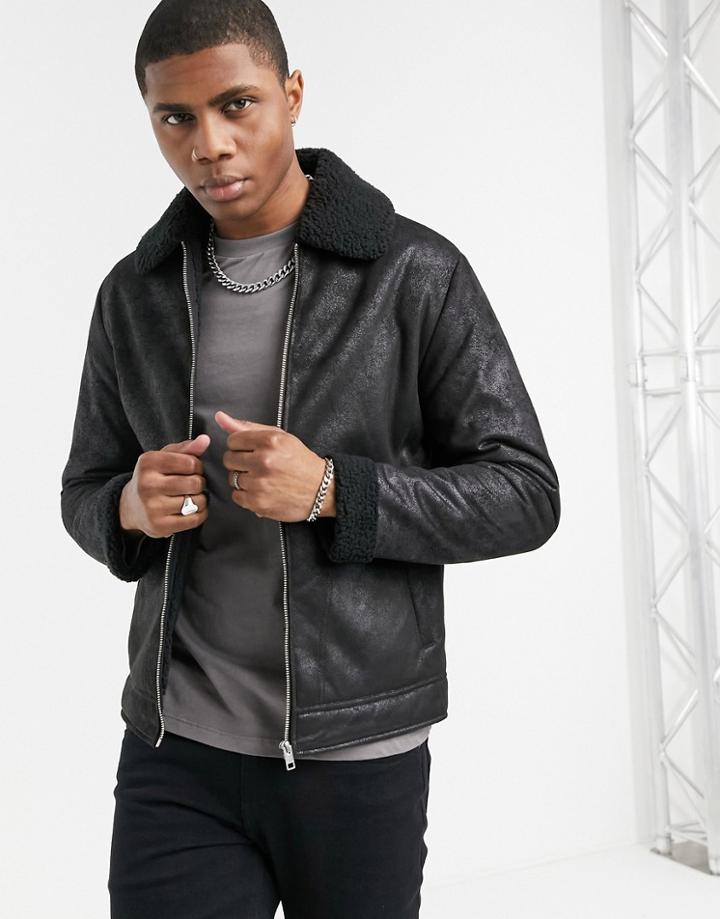 Jack & Jones Originals Shearling Aviator In Black