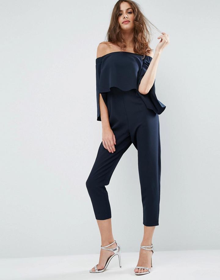 Asos Ruffle Bardot Jumpsuit With Split Sleeve Detail - Blue