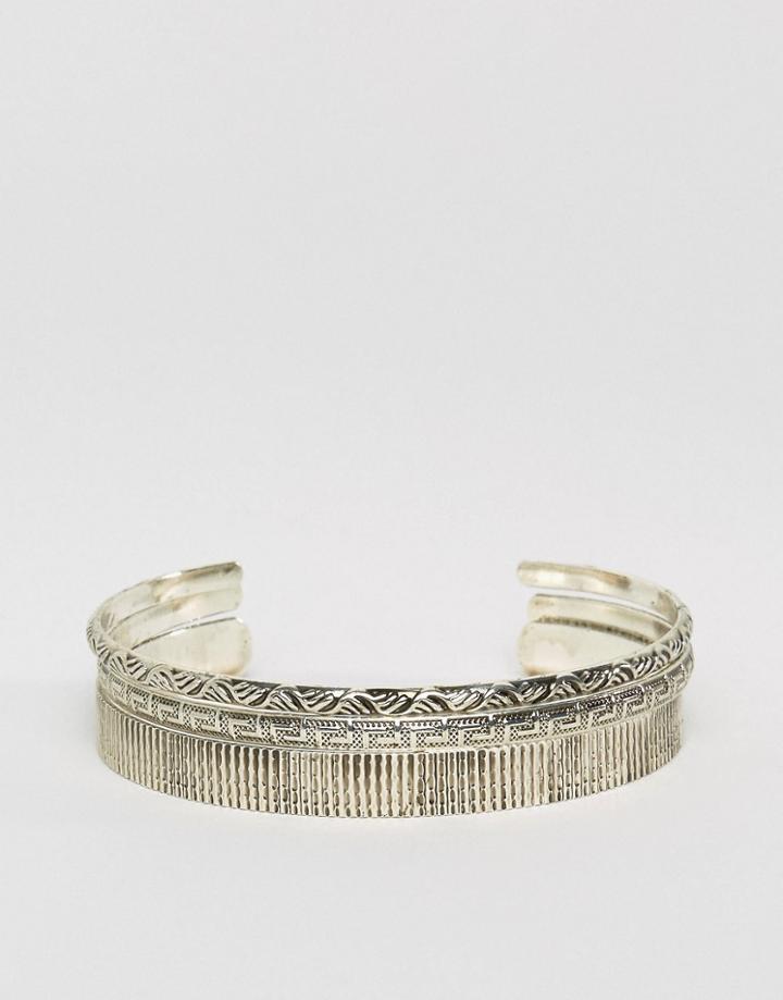 Asos Engraved Bangle Pack In Burnished Finish - Silver