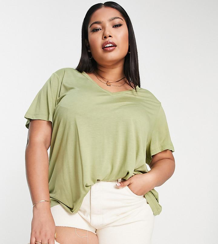Vero Moda Curve V-neck T-shirt In Sage Green