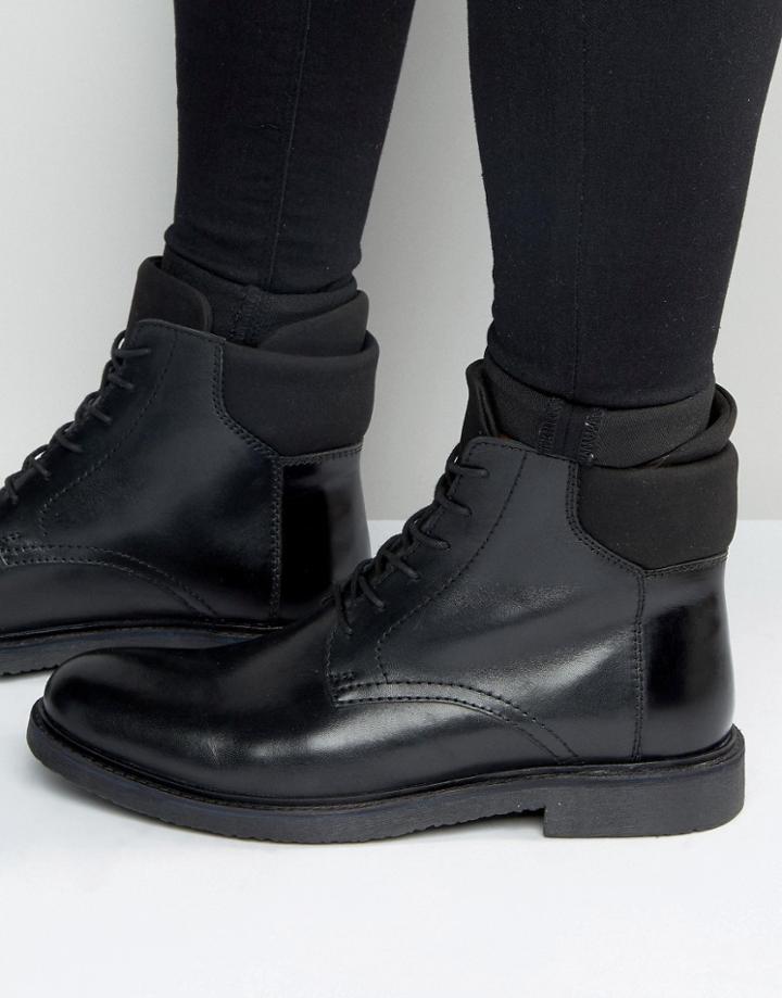 Asos Lace Up Boots In Black Leather With Neoprene Cuff - Black