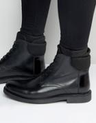 Asos Lace Up Boots In Black Leather With Neoprene Cuff - Black