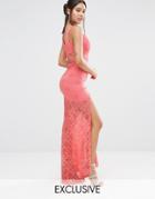 Love Triangle Plunge Front Lace Maxi Dress With Train - Coral