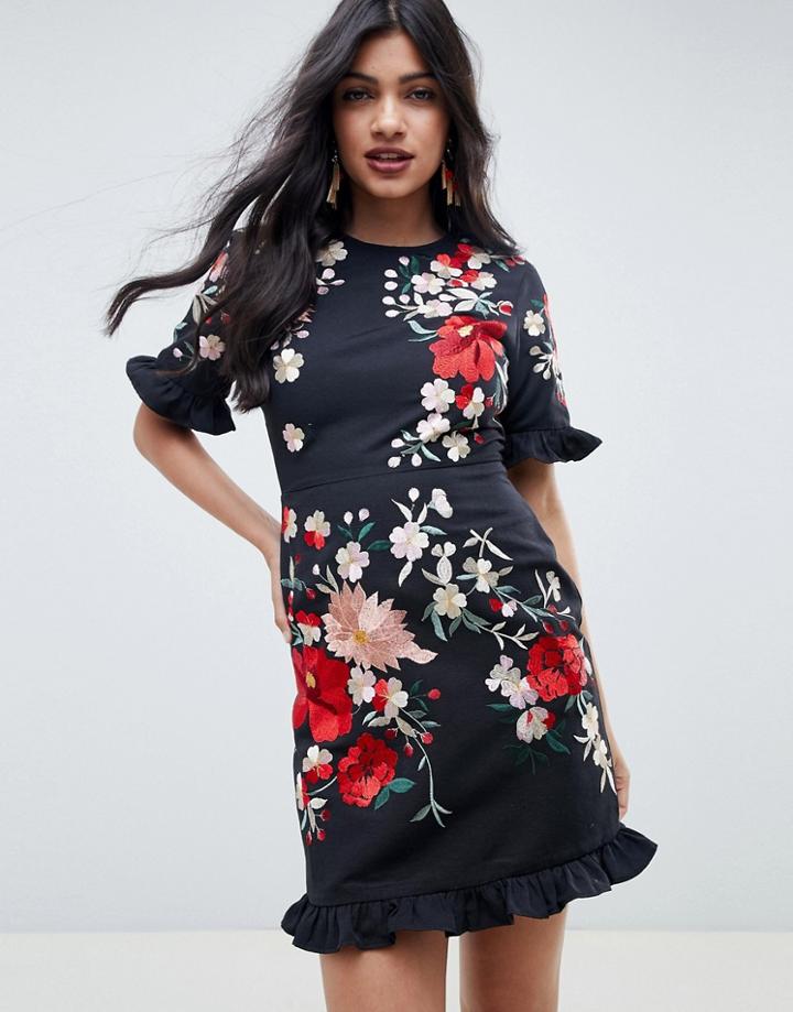 Asos Design Embroidered Mini Dress With Frill Hem - Black