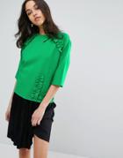 Lost Ink Short Sleeve Top With Extreme Frill And Pocket - Green