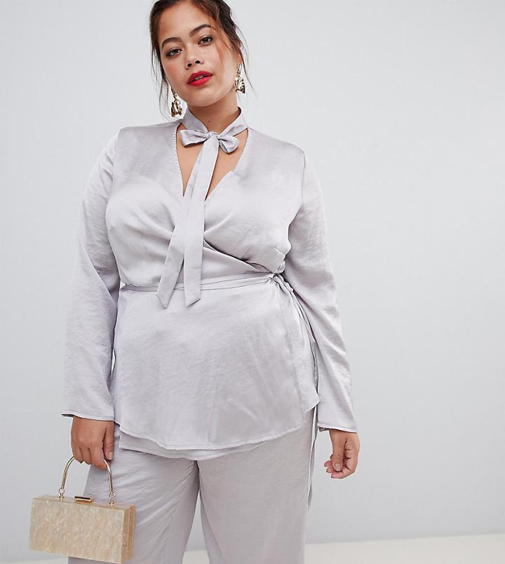 Lovedrobe Satin Blouse With Tie Neck Detail Two-piece In Silver - Silver