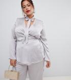 Lovedrobe Satin Blouse With Tie Neck Detail Two-piece In Silver - Silver