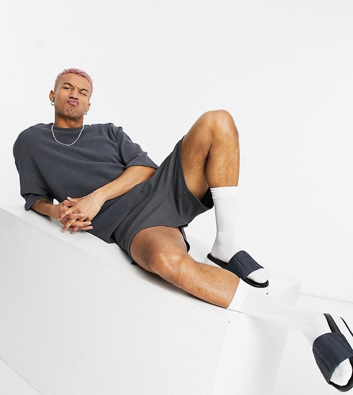 Asos Design Set Oversized Heavyweight Waffle T-shirt In Washed Black