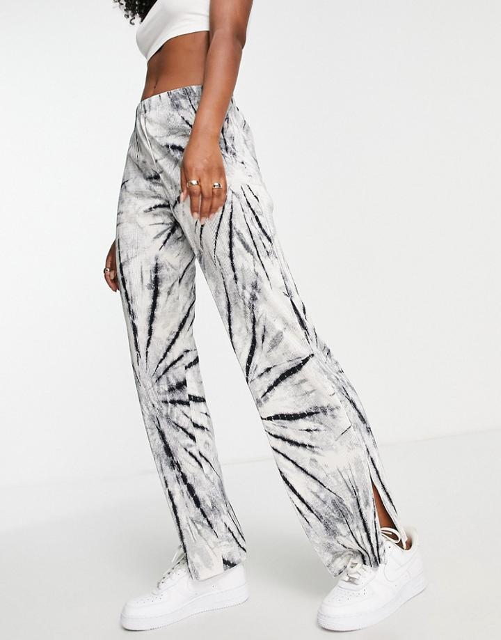 Topshop Tie Dye Straight Leg Plisse Pants In Mono-black