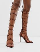 Asos Design Harsh Knee High Gladiator Heeled Sandals In Orange Snake - Orange