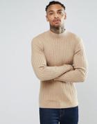 Asos Muscle Fit Ribbed Turtleneck Sweater In Merino Wool Mix - Beige