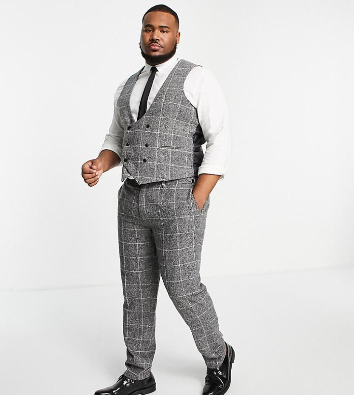 Gianni Feraud Plus Wool Mix Windowpane Check Slim Fit Scoop Vest-gray