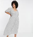 Asos Design Curve Shirred Midi Tea Dress In Mono Spot Print-multi