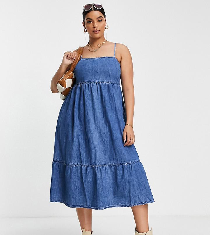 Asos Design Curve Smock Midi Dress In Midwash-blue