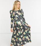 Blume Studio Maternity Exaggerated Shoulder Satin Midi Dress In Navy Floral-multi