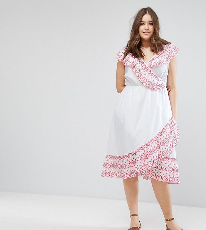 Asos Curve Midi Wrap Dress With Broderie Ruffle Trim - White