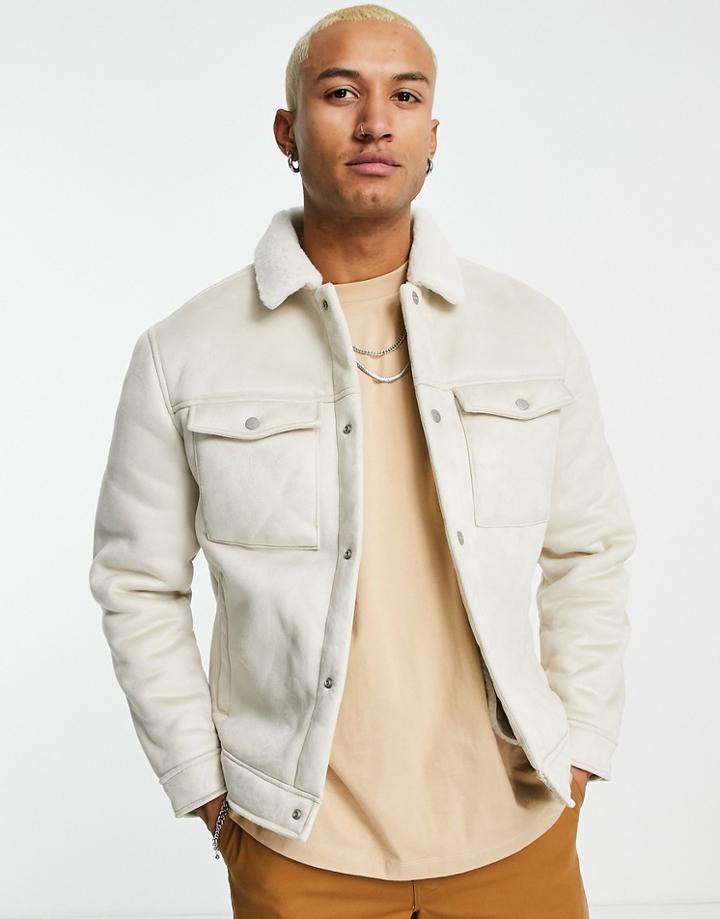 Bershka Trucker Jacket In Beige Suede-neutral