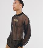 Asos Design Tall Oversized Long Sleeve T-shirt With Gold Roman Numeral Print In Mesh-black