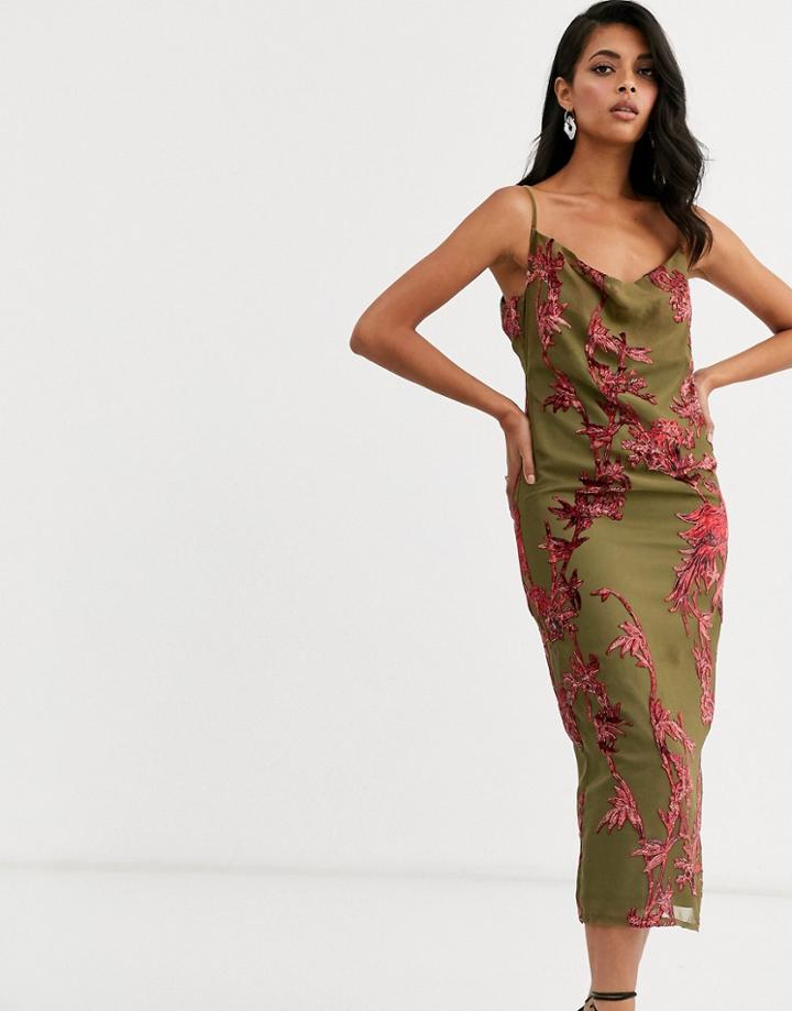 Hope & Ivy Cowl Cami Strap Maxi Dress With Thigh Split And Button Back In Floral Velvet Devore-green