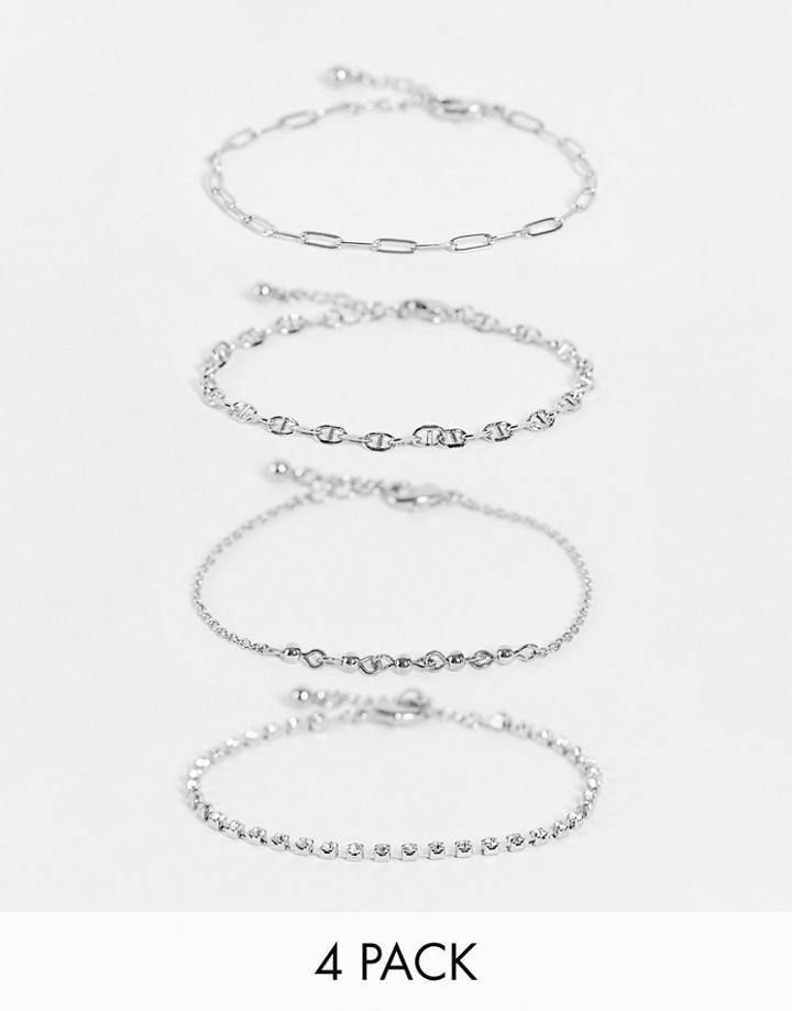 Asos Design Pack Of 4 Chain Bracelets With Fine Chain And Crystal In Silver Tone