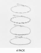 Asos Design Pack Of 4 Chain Bracelets With Fine Chain And Crystal In Silver Tone